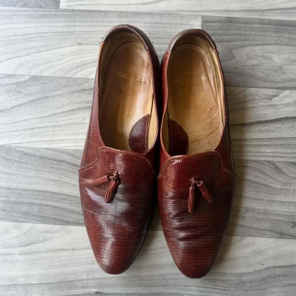 Vintage Stacy Adams Lizard Embossed Tassel Loafers Burgundy 10.5 C